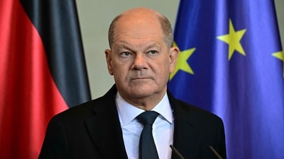 German Chancellor Olaf Scholz attends a joint press conference with the King of Jordan at the Chancellery in Berlin, on April 3, 2025. (Photo by Tobias SCHWARZ / AFP) (AFP) German Chancellor Olaf Scholz attends a joint press conference with the King of Jordan at the Chancellery in Berlin, on April 3, 2025. (Photo by Tobias SCHWARZ / AFP) (AFP)