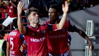 Goal celebration by Jamshedpur FC’s Javi Hernandez. (ISL) (HT_PRINT) Goal celebration by Jamshedpur FC’s Javi Hernandez. (ISL) (HT_PRINT)