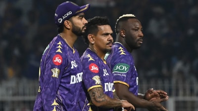 Andre Russell, Sunil Narine and Venkatesh Iyer of Kolkata Knight Riders (KKR) in action against Sunrisers Hyderabad (Samir Jana/ Hindustan Times) Andre Russell, Sunil Narine and Venkatesh Iyer of Kolkata Knight Riders (KKR) in action against Sunrisers Hyderabad (Samir Jana/ Hindustan Times)