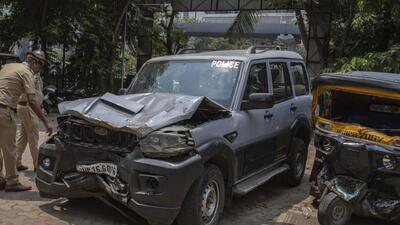 Mumbai, India - April 3, 2025: A major accident occurred on the Western Express Highway when a car collided head-on with an auto-rickshaw, resulting in one passenger dead and three injured in Mumbai, India, on Thursday, April 3, 2025. (Photo by Satish Bate/ Hindustan Times) (Hindustan Times)