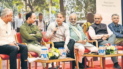 Mumbai, India - April 4, 2025:Makrand Narvekar, Mickey Mehta, BMC commissioner Bhushan Gagrani, Pasha Patel, Sandeep and Rishi Aggarwal, during panel discussion for Walkable Cities Mumbai Conclave, at Y B Chavan Centre, in Mumbai, India, on Friday, April 4, 2025. (Photo by Anshuman Poyrekar/ Hindustan Times) (Hindustan Times)