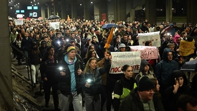 Protestors march through the streets of Skopje during a protest for justice for the victims who lost their lives in the Kocani fire accident. (AFP) Protestors march through the streets of Skopje during a protest for justice for the victims who lost their lives in the Kocani fire accident. (AFP)
