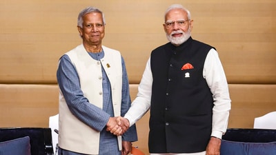 Prime Minister Narendra Modi met Bangladesh Chief Adviser Muhammad Yunus on the sidelines of the 6th BIMSTEC Summit in Bangkok. (PMO) Prime Minister Narendra Modi met Bangladesh Chief Adviser Muhammad Yunus on the sidelines of the 6th BIMSTEC Summit in Bangkok. (PMO)