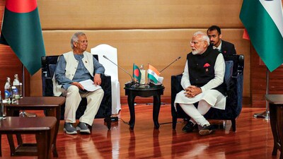 Prime Minister Narendra Modi during a meeting with the Chief Adviser of Bangladesh Muhammad Yunus on the sidelines of the 6th BIMSTEC Summit, in Bangkok, Thailand. (PTI) Prime Minister Narendra Modi during a meeting with the Chief Adviser of Bangladesh Muhammad Yunus on the sidelines of the 6th BIMSTEC Summit, in Bangkok, Thailand. (PTI)