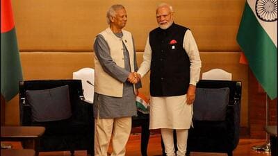 Prime Minister Narendra Modi (R) shakes hands with de facto Bangladeshi leader and Nobel laureate Muhammad Yunus during their bilateral meeting on sidelines of the BIMSTEC Summit in Bangkok, Thailand. (AFP) Prime Minister Narendra Modi (R) shakes hands with de facto Bangladeshi leader and Nobel laureate Muhammad Yunus during their bilateral meeting on sidelines of the BIMSTEC Summit in Bangkok, Thailand. (AFP)