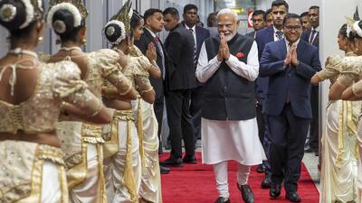 Prime Minister Narendra Modi being welcomed upon his arrival in Colombo, Sri Lanka. (PMO/via PTI) Prime Minister Narendra Modi being welcomed upon his arrival in Colombo, Sri Lanka. (PMO/via PTI)