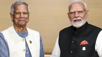 Prime Minister Narendra Modi meets Bangladesh Chief Adviser Muhammad Yunus on the sidelines of the 6th BIMSTEC Summit in Thailand (PMO/ via PTI)