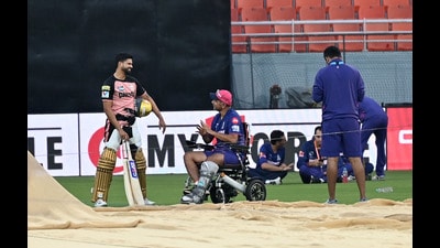 Punjab Kings captain Shreyas Iyer shares a light moment with Rajasthan Royals coach Rahul Dravid during a practice session at the PCA stadium in Mullanpur on Friday. (Ravi Kumar/HT)
