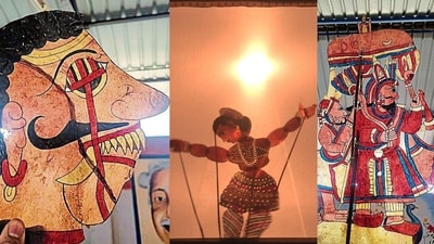 Leather work by Gunduraju (L and R) and a still of RV Ramani's film Nee Engey (centre). Leather work by Gunduraju (L and R) and a still of RV Ramani's film Nee Engey (centre).