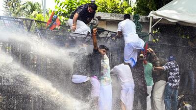 Water cannons being used to disperse Bharatiya Janata Yuva Morcha (BJYM) activists during their protest demanding the resignation of Kerala Chief Minister Pinarayi Vijayan following reports that his daughter, T Veena, has been named by the Serious Fraud Investigation Office (SFIO) in an "illegal payment" scandal, in Thiruvananthapuram, on Friday (PTI) Water cannons being used to disperse Bharatiya Janata Yuva Morcha (BJYM) activists during their protest demanding the resignation of Kerala Chief Minister Pinarayi Vijayan following reports that his daughter, T Veena, has been named by the Serious Fraud Investigation Office (SFIO) in an "illegal payment" scandal, in Thiruvananthapuram, on Friday (PTI)