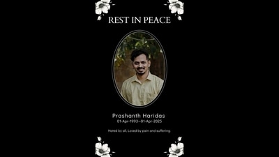 Accompanying his heartfelt note was a photo of himself with “RIP” written across it, an image that startled many users. (Linkedin/Prashanth Haridas ) Accompanying his heartfelt note was a photo of himself with “RIP” written across it, an image that startled many users. (Linkedin/Prashanth Haridas )