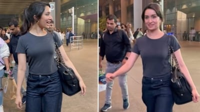 Shraddha Kapoor wears an all-black outfit for her airport look. Shraddha Kapoor wears an all-black outfit for her airport look.