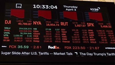 The Wall Street shuddered as stocks went into a Covid-19 like shock after Donald Trump's sweeping tariffs announcement. (AFP) The Wall Street shuddered as stocks went into a Covid-19 like shock after Donald Trump's sweeping tariffs announcement. (AFP)