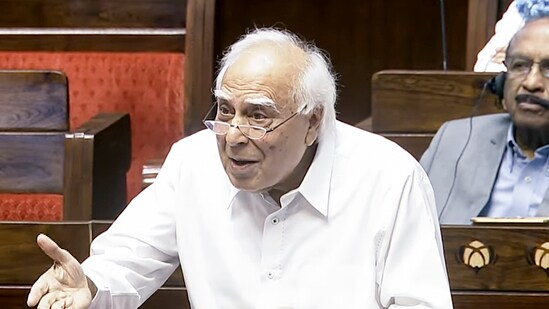 The Mussalman Wakf (Repeal) Bill was approved by the Lok Sabha in a matter of minutes, whereas the Waqf Bill took about fourteen hours. The Waqf (Amendment) Bill debate and voting began just after noon on Wednesday and ended at 1:56 am on Thursday. In pic: Rajya Sabha MP Kapil Sibal speaks in the Rajya Sabha during the Budget session of Parliament, in New Delhi on Thursday.(Sansad TV)