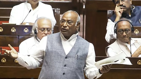  During the Rajya Sabha's discussion of the Waqf Bill, Mallikarjun Kharge stated that, with the exception of a few provisions included to eliminate individuals and their rights, the new law is identical to the 1995 Act. In pic: Leader of Opposition in the Rajya Sabha Mallikarjun Kharge speaks in the house during the Budget session of Parliament, in New Delhi on Thursday. (ANI)