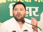 Tejashwi Yadav addressing a press conference at RJD office in Patna. (Photo by Santosh Kumar/ Hindustan Times)
