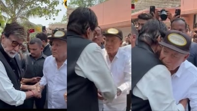 Amitabh Bachchan met Salim Khan at Manoj Kumar's funeral. Amitabh Bachchan met Salim Khan at Manoj Kumar's funeral.