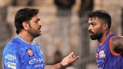 Hardik Pandya had a word with MS Dhoni during the training session ahead of the CSK vs MI clash. (PTI Image) Hardik Pandya had a word with MS Dhoni during the training session ahead of the CSK vs MI clash. (PTI Image)