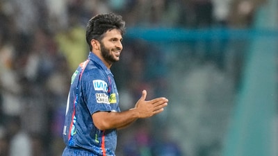 Lucknow Super Giants' Shardul Thakur celebrates after taking wicket of MI batter Ryan Rickelton (PTI) Lucknow Super Giants' Shardul Thakur celebrates after taking wicket of MI batter Ryan Rickelton (PTI)