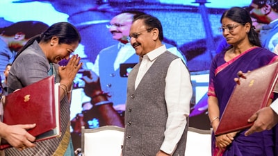 Union health minister JP Nadda, Union minister of state for health Anupriya Patel and Delhi chief minister Rekha Gupta with others during the MoU signing ceremony between National Health Authority and Government of Delhi for the rollout of Ayushman Bharat Pradhan Mantri Jan Arogya Yojana (AB PM-JAY) in New Delhi on Saturday, (PTI) Union health minister JP Nadda, Union minister of state for health Anupriya Patel and Delhi chief minister Rekha Gupta with others during the MoU signing ceremony between National Health Authority and Government of Delhi for the rollout of Ayushman Bharat Pradhan Mantri Jan Arogya Yojana (AB PM-JAY) in New Delhi on Saturday, (PTI)
