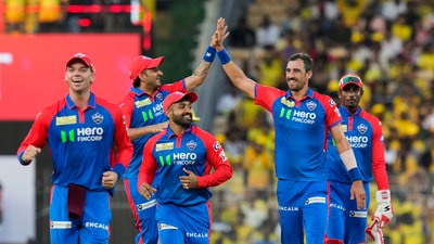 CSK's wobbly batting lineup was put in jeopardy early on with with Mukesh Kumar dismissing Rachin Ravindra in the second over and Mitchell Starc sending back captain Ruturaj Gaikwad in the third. (PTI) CSK's wobbly batting lineup was put in jeopardy early on with with Mukesh Kumar dismissing Rachin Ravindra in the second over and Mitchell Starc sending back captain Ruturaj Gaikwad in the third. (PTI)