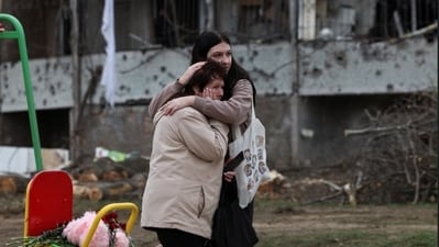 People react at the site of a deadly Russian missile strike on a residential area where multiple children and adults were killed, amid Russia's attack on Ukraine. (REUTERS) People react at the site of a deadly Russian missile strike on a residential area where multiple children and adults were killed, amid Russia's attack on Ukraine. (REUTERS)