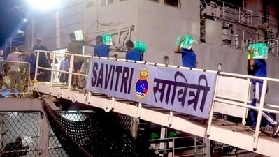 Indian Navy ship Savitri that sailed for Yangon as part of the Indian Navy's immediate response towards Humanitarian Assistance and Disaster Relief (HADR) in quake-hit Myanmar. (PRO Indian Navy via PTI Photo) Indian Navy ship Savitri that sailed for Yangon as part of the Indian Navy's immediate response towards Humanitarian Assistance and Disaster Relief (HADR) in quake-hit Myanmar. (PRO Indian Navy via PTI Photo)