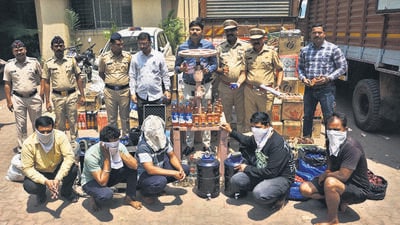 Thane, India - April 05, 2025: Thane Excise Department seized illegal IMFL stock worth Rs,61.46 lakh during raids in Mira Road and Bhiwandi. The operation uncovered a liquor bottling setup using fake caps and machinery, leading to the arrest of key accused involved in the illicit trade.Five person arrested ,in Thane,in Mumbai, India, on, Saturday, April -05, 2025. ( Praful Gangurde /HT Photo )