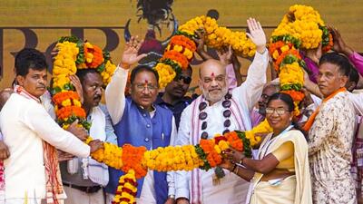 Union home minister Amit Shah and Chhattisgarh chief minister Vishnu Deo Sai at the 'Bastar Pandum' festival in Dantewada. (@ChhattisgarhCMO) Union home minister Amit Shah and Chhattisgarh chief minister Vishnu Deo Sai at the 'Bastar Pandum' festival in Dantewada. (@ChhattisgarhCMO)