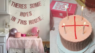 The celebration included a pink cake that read “1 year celibacy” with an “X." (Instagram/@kaylakane)