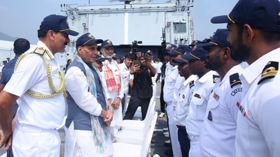 The defence minister also interacted with naval officers involved in the IOS SAGAR mission. Apart from IOS Sagar, he also inaugurated infrastructure at the Karwar naval base under Project Seabird. (Rajnath Singh/X) The defence minister also interacted with naval officers involved in the IOS SAGAR mission. Apart from IOS Sagar, he also inaugurated infrastructure at the Karwar naval base under Project Seabird. (Rajnath Singh/X)