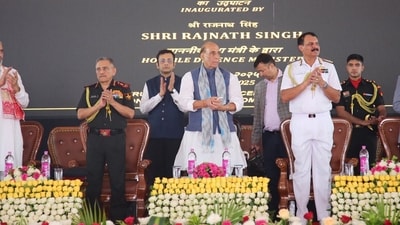 Union defence minister Rajnath Singh visited the Karwar Naval Base in Karnataka on Saturday to inaugurate key naval projects (PIB India/X) Union defence minister Rajnath Singh visited the Karwar Naval Base in Karnataka on Saturday to inaugurate key naval projects (PIB India/X)