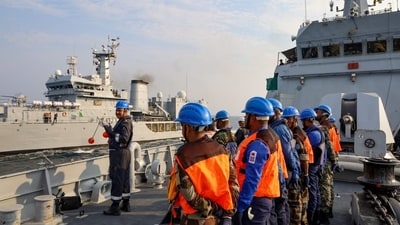 The crew underwent advanced training in seamanship, firefighting, VBSS, and more, in exercises to share and increase expertise at sea. (PIB India/X) The crew underwent advanced training in seamanship, firefighting, VBSS, and more, in exercises to share and increase expertise at sea. (PIB India/X)