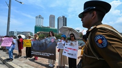 Sri Lankan animal rights activists take part in a demonstration in Colombo on April 3, 2025, to protest the round-up of stray dogs a day ahead of a visit by Indian Prime Minister Narendra Modi. (AFP) Sri Lankan animal rights activists take part in a demonstration in Colombo on April 3, 2025, to protest the round-up of stray dogs a day ahead of a visit by Indian Prime Minister Narendra Modi. (AFP)