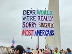 A sign at one of the Hands Off! protests that took place across the US