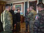 Ukrainian President Volodymyr Zelensky (3-L), Minister of Defence of Ukraine Rustem Umierov (2-L), meet with French Chief of the Defence Staff General Thierry Burkhard (3-R) and British Chief of the Defence Staff Admiral Tony Radakin (2-R) in Kyiv, amid the Russian invasion of Ukraine. 