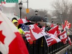 People hold flags as they protest in solidarity with Canada amid uncertainty over tariffs policy, near the Canada-US border crossing in Buffalo, New York