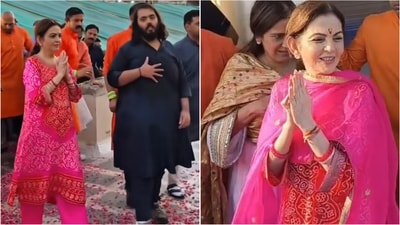 Embracing a soft pink ethnic outfit, Nita Ambani joined her son Anant in Dwarka as he completed his padyatra. (Instagram) Embracing a soft pink ethnic outfit, Nita Ambani joined her son Anant in Dwarka as he completed his padyatra. (Instagram)