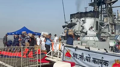 Security forces load humanitarian aid in INS Karmuk under Operation Brahma to assist earthquake-hit Myanmar. (MEA XP Division) Security forces load humanitarian aid in INS Karmuk under Operation Brahma to assist earthquake-hit Myanmar. (MEA XP Division)