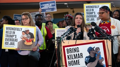 Jennifer Vasquez Sura, the wife of Kilmar Abrego Garcia of Maryland, who was mistakenly deported to El Salvador, speaks during a news conference at CASA's Multicultural Center in Hyattsville, Md., Friday, April 4, 2025. (AP) Jennifer Vasquez Sura, the wife of Kilmar Abrego Garcia of Maryland, who was mistakenly deported to El Salvador, speaks during a news conference at CASA's Multicultural Center in Hyattsville, Md., Friday, April 4, 2025. (AP)