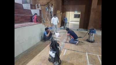 Following the publication of HT’s report on April 1, workers were seen undertaking urgent repairs at the sports complex. Following the publication of HT’s report on April 1, workers were seen undertaking urgent repairs at the sports complex.