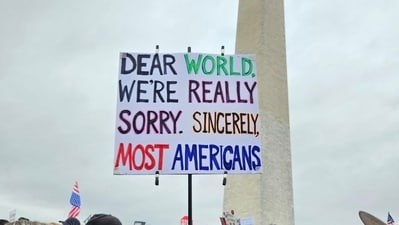 A sign at one of the Hands Off! protests that took place across the US (X/@HannaBec) A sign at one of the Hands Off! protests that took place across the US (X/@HannaBec)