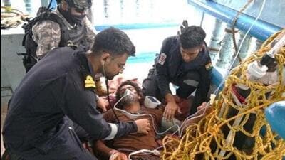 INS Trikand intercepted a distress call from the Iranian boat Al Omeedi and found that the fisherman had sustained severe injuries to his fingers while working on the engine and was in critical condition (X/Indian Navy)
