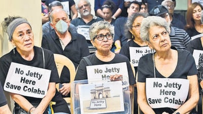 Mumbai, India - April 5, 2025: Residents of Colaba gathered to oppose proposed construction of a passenger/VVIP jetty between the Radio Club, near Gateway Of India in Mumbai, India, on Saturday, April 5, 2025. (Photo by Anshuman Poyrekar/ Hindustan Times) (Hindustan Times) Mumbai, India - April 5, 2025: Residents of Colaba gathered to oppose proposed construction of a passenger/VVIP jetty between the Radio Club, near Gateway Of India in Mumbai, India, on Saturday, April 5, 2025. (Photo by Anshuman Poyrekar/ Hindustan Times) (Hindustan Times)