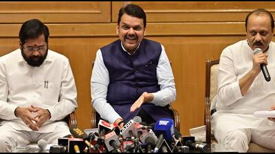 Mumbai, India - March 2, 2025: CM Devendra Fadnavis along with Dy CM Eknath SHinde and Dy CM AJit Pawar during press conference addressing to media after tea session before budget assembly session at Sahyadri Guest House in Mumbai, India, on Sunday, March 2, 2025. (Photo by Anshuman Poyrekar/ Hindustan Times) (Hindustan Times) Mumbai, India - March 2, 2025: CM Devendra Fadnavis along with Dy CM Eknath SHinde and Dy CM AJit Pawar during press conference addressing to media after tea session before budget assembly session at Sahyadri Guest House in Mumbai, India, on Sunday, March 2, 2025. (Photo by Anshuman Poyrekar/ Hindustan Times) (Hindustan Times)
