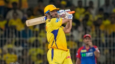 MS Dhoni plays a shot during an Indian Premier League (IPL) 2025 T20 cricket match between Chennai Super Kings and Delhi Capitals (PTI)