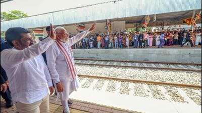 Prime Minister Narendra Modi and Sri Lankan President Anura Kumara Disanayaka after flagging-off a train at Anuradhapura Railway Station, in Sri Lanka on Sunday (DPR PMO) Prime Minister Narendra Modi and Sri Lankan President Anura Kumara Disanayaka after flagging-off a train at Anuradhapura Railway Station, in Sri Lanka on Sunday (DPR PMO)