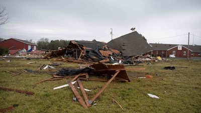 Structural damage is visible at Christ Community Church after a tornado struck on April 3, 2025, in Paducah, Kentucky. (Getty Images via AFP) Structural damage is visible at Christ Community Church after a tornado struck on April 3, 2025, in Paducah, Kentucky. (Getty Images via AFP)