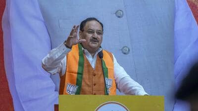 Union minister and BJP president JP Nadda addresses an event on the occasion of the party’s foundation day, at the party’s headquarters, in New Delhi, on Sunday. (PTI) Union minister and BJP president JP Nadda addresses an event on the occasion of the party’s foundation day, at the party’s headquarters, in New Delhi, on Sunday. (PTI)