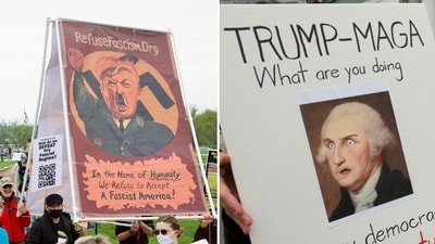 Hitler, George Washington spotted at anti-Trump 'Hands Off' protests (Photo by Amid FARAHI / AFP, REUTERS) Hitler, George Washington spotted at anti-Trump 'Hands Off' protests (Photo by Amid FARAHI / AFP, REUTERS)